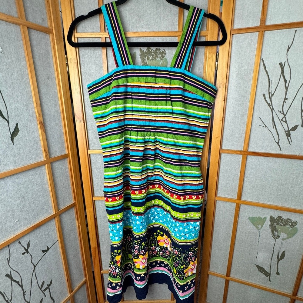 Handmade Vtg Floral Striped Sun Dress Multi Color Seersucker Pockets Sleeveless